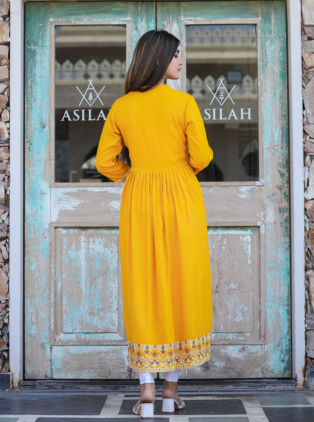 Kaajh Women's Rayon Printed Yellow Side Slit Long Ethnic Dress | Grocsy