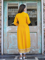 Kaajh Women's Rayon Printed Yellow Side Slit Long Ethnic Dress | Grocsy