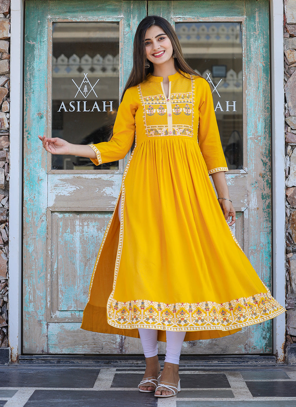 Kaajh Women's Rayon Printed Yellow Side Slit Long Ethnic Dress | Grocsy
