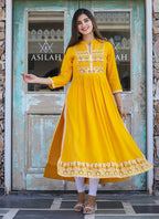 Kaajh Women's Rayon Printed Yellow Side Slit Long Ethnic Dress | Grocsy