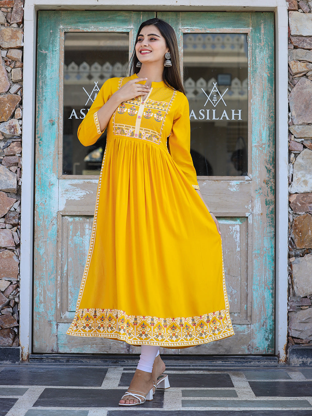 Kaajh Women's Rayon Printed Yellow Side Slit Long Ethnic Dress | Grocsy