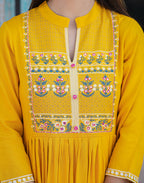 Kaajh Women's Rayon Printed Yellow Side Slit Long Ethnic Dress | Grocsy