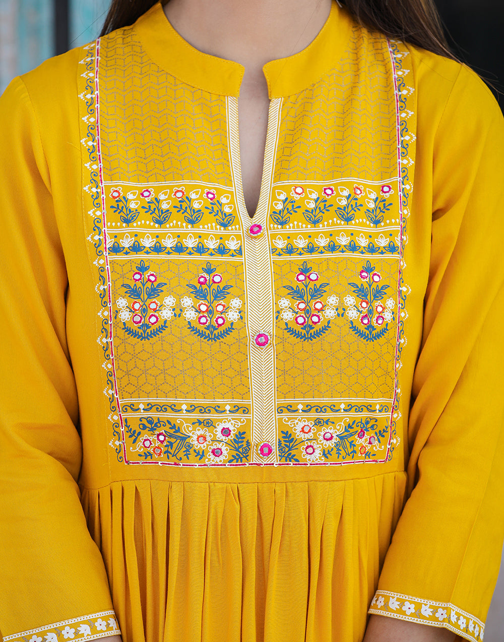 Kaajh Women's Rayon Printed Yellow Side Slit Long Ethnic Dress | Grocsy