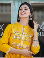 Kaajh Women's Rayon Printed Yellow Side Slit Long Ethnic Dress | Grocsy