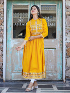 Kaajh Women's Rayon Printed Yellow Side Slit Long Ethnic Dress | Grocsy