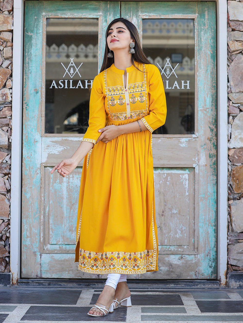 Kaajh Women's Rayon Printed Yellow Side Slit Long Ethnic Dress | Grocsy