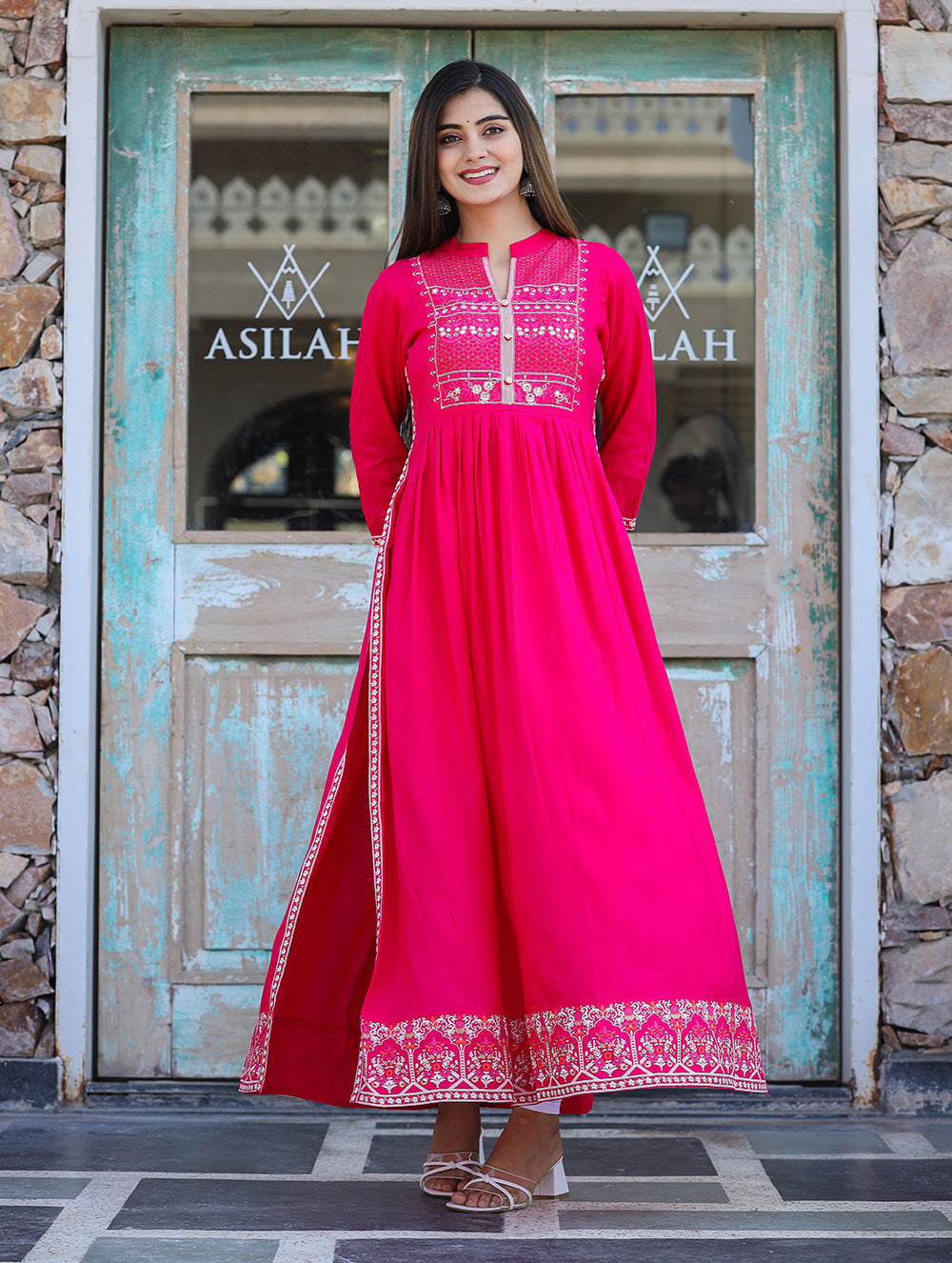 Kaajh Women's Rayon Printed Pink Side Slit Long Ethnic Dress | Grocsy