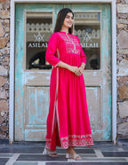 Kaajh Women's Rayon Printed Pink Side Slit Long Ethnic Dress | Grocsy
