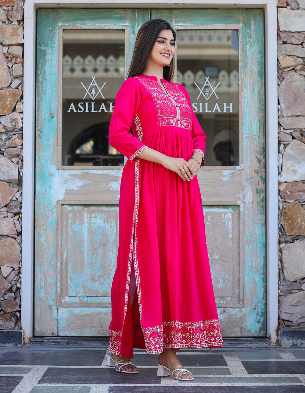 Kaajh Women's Rayon Printed Pink Side Slit Long Ethnic Dress | Grocsy