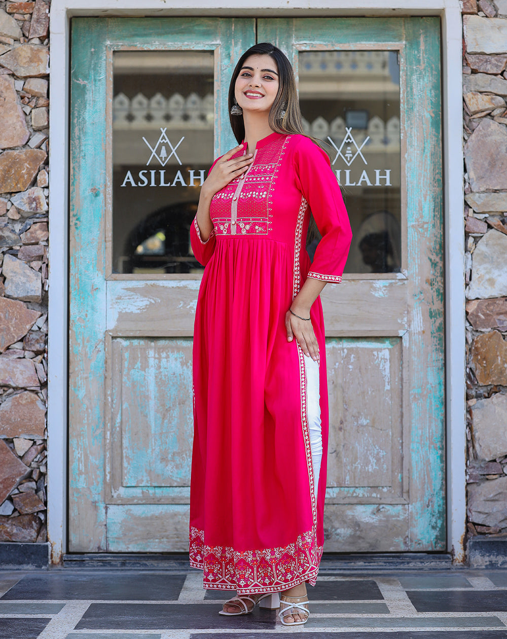 Kaajh Women's Rayon Printed Pink Side Slit Long Ethnic Dress | Grocsy