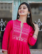 Kaajh Women's Rayon Printed Pink Side Slit Long Ethnic Dress | Grocsy