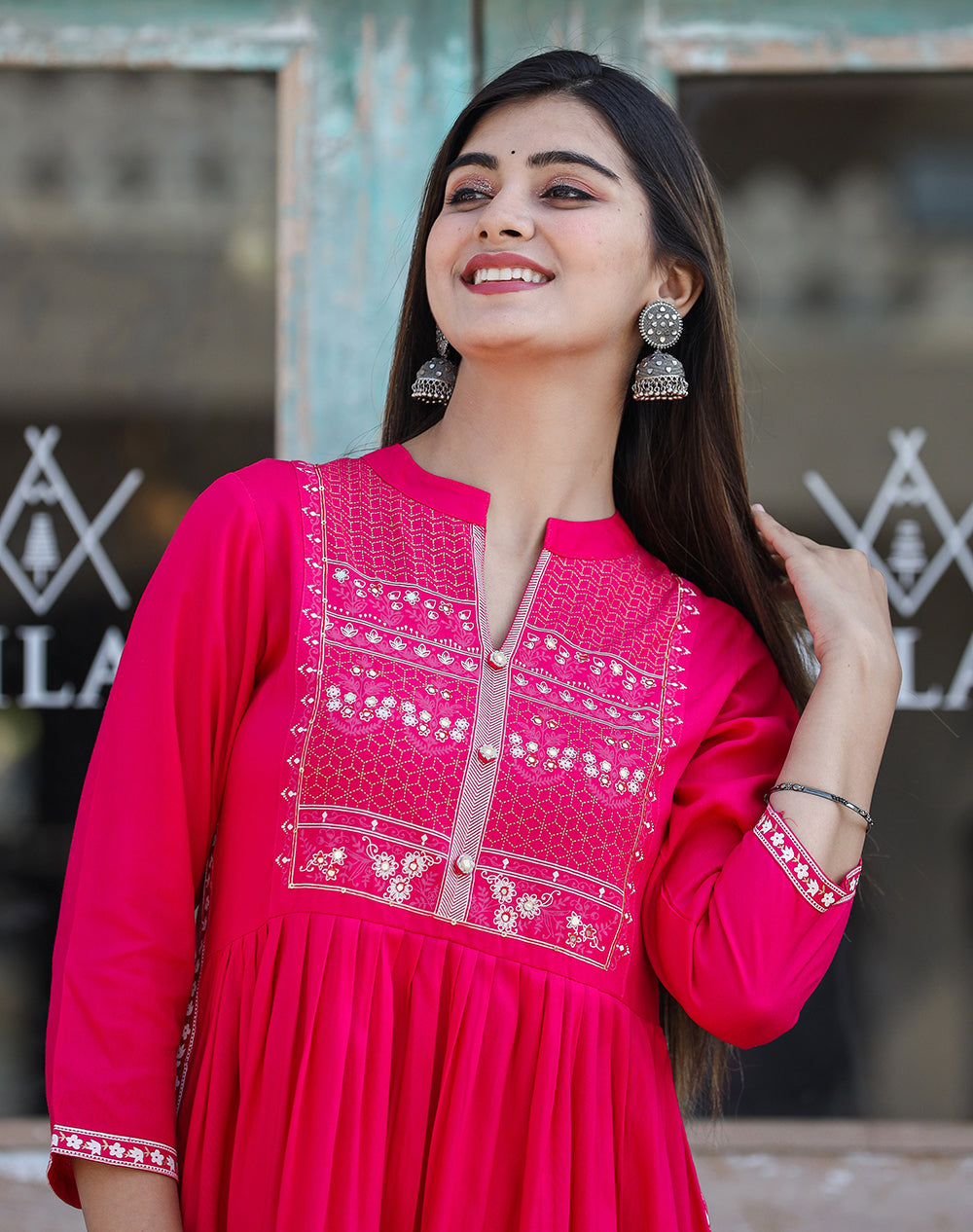 Kaajh Women's Rayon Printed Pink Side Slit Long Ethnic Dress | Grocsy