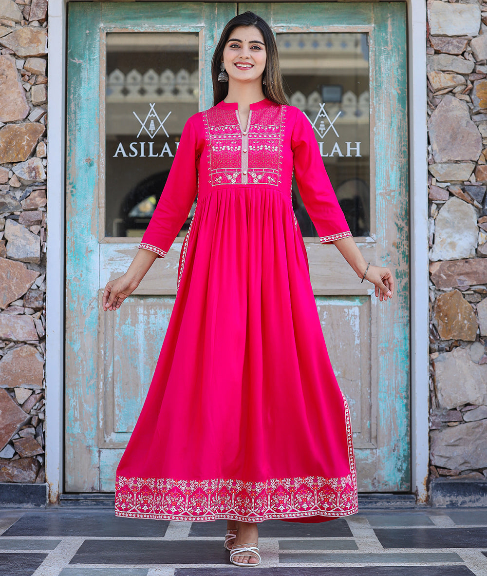 Kaajh Women's Rayon Printed Pink Side Slit Long Ethnic Dress | Grocsy