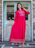 Kaajh Women's Rayon Printed Pink Side Slit Long Ethnic Dress | Grocsy