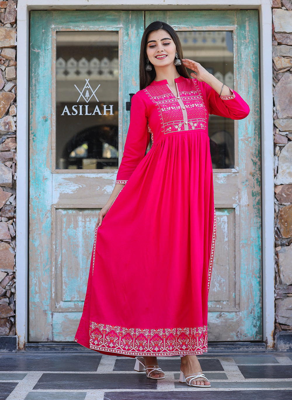 Kaajh Women's Rayon Printed Pink Side Slit Long Ethnic Dress | Grocsy
