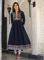 Kaajh Women's Rayon Printed Navy Blue Side Slit Long Ethnic Dress | Grocsy