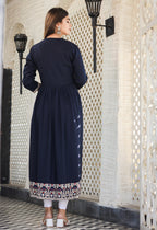 Kaajh Women's Rayon Printed Navy Blue Side Slit Long Ethnic Dress | Grocsy