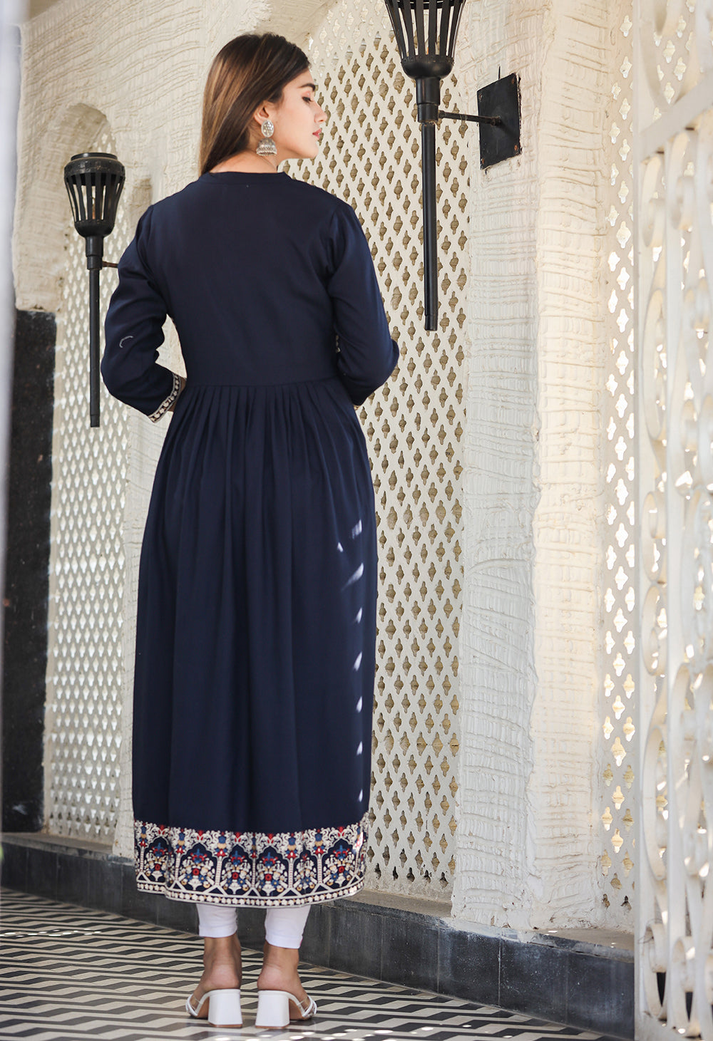 Kaajh Women's Rayon Printed Navy Blue Side Slit Long Ethnic Dress | Grocsy