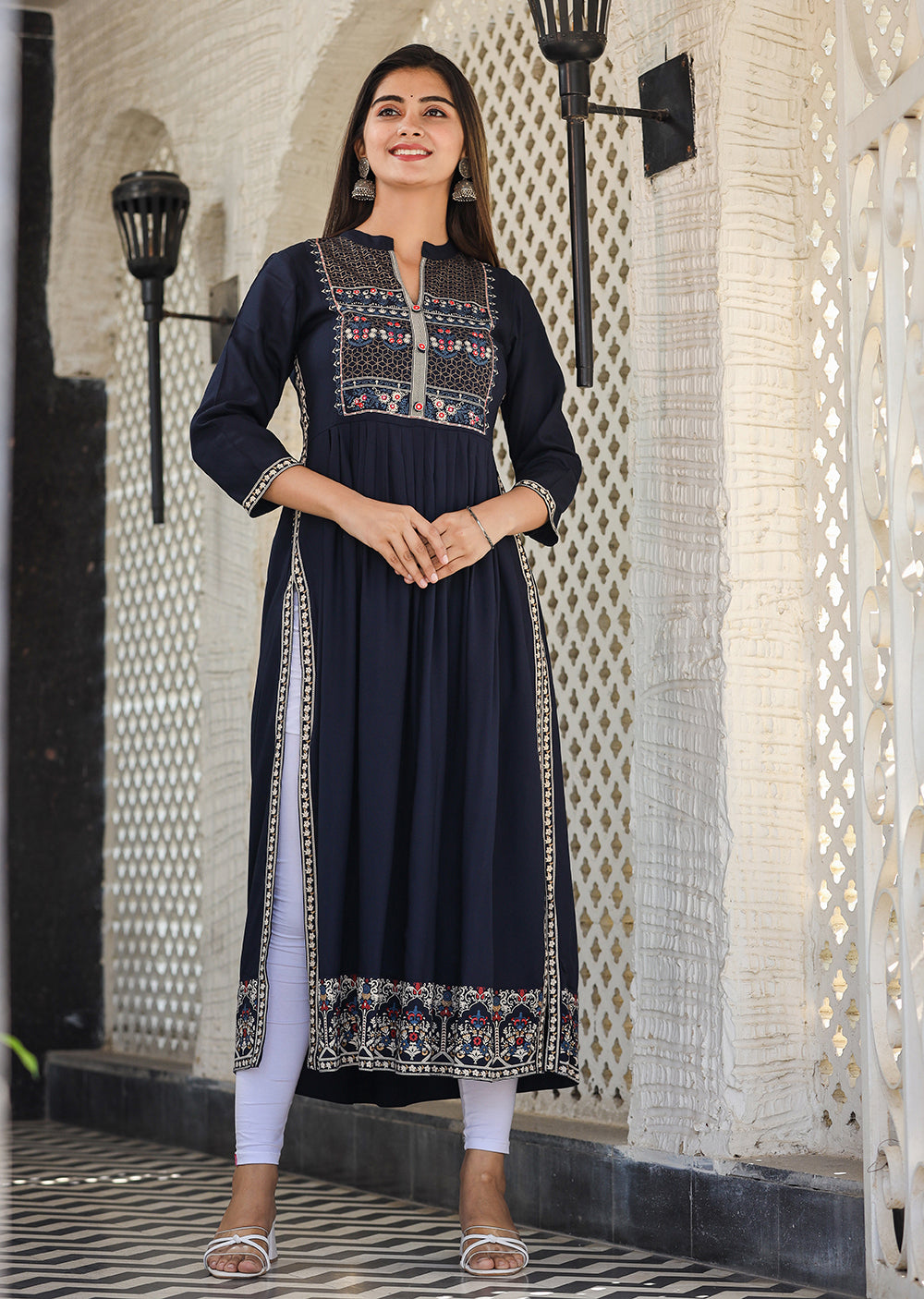 Kaajh Women's Rayon Printed Navy Blue Side Slit Long Ethnic Dress | Grocsy