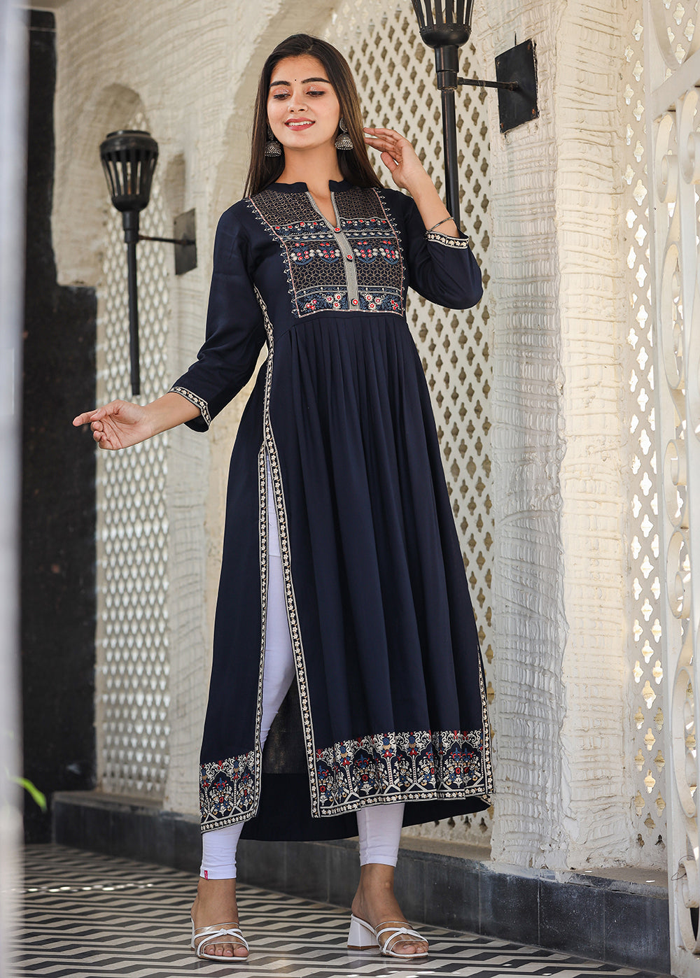Kaajh Women's Rayon Printed Navy Blue Side Slit Long Ethnic Dress | Grocsy