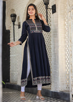 Kaajh Women's Rayon Printed Navy Blue Side Slit Long Ethnic Dress | Grocsy