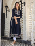 Kaajh Women's Rayon Printed Navy Blue Side Slit Long Ethnic Dress | Grocsy
