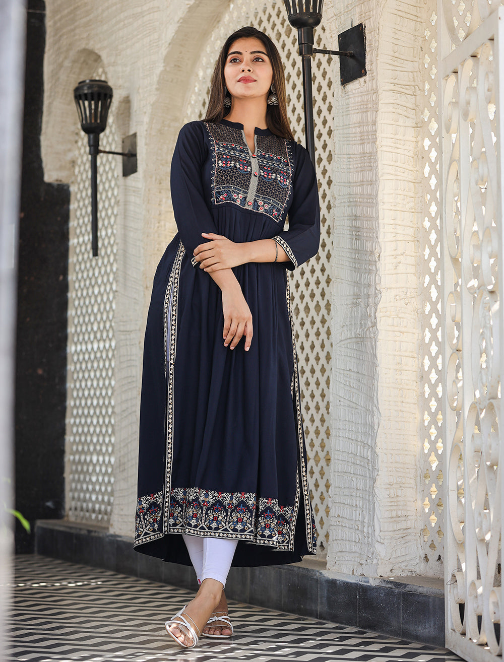 Kaajh Women's Rayon Printed Navy Blue Side Slit Long Ethnic Dress | Grocsy