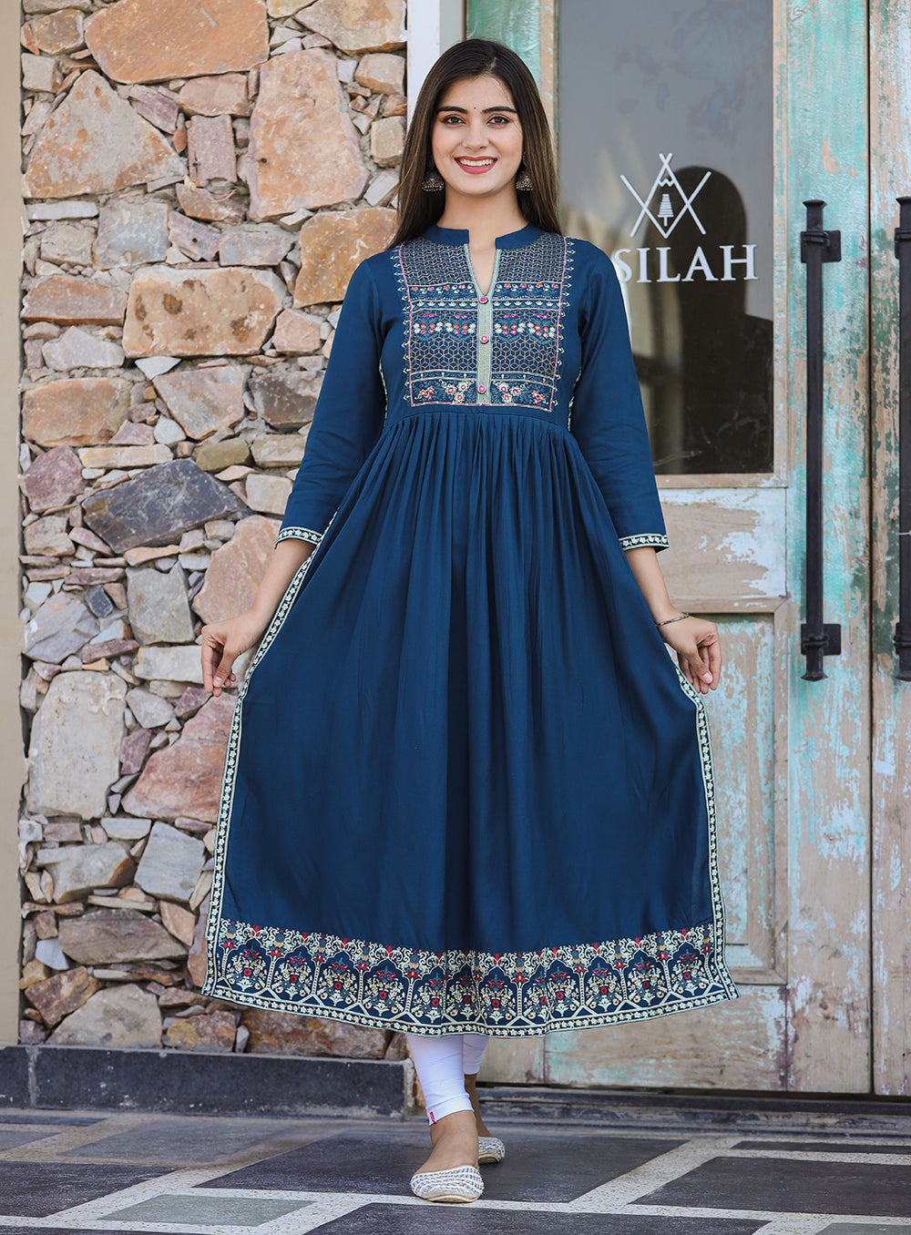 Kaajh Women's Rayon Printed Teal Side Slit Long Ethnic Dress | Grocsy