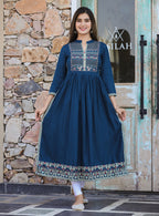 Kaajh Women's Rayon Printed Teal Side Slit Long Ethnic Dress | Grocsy