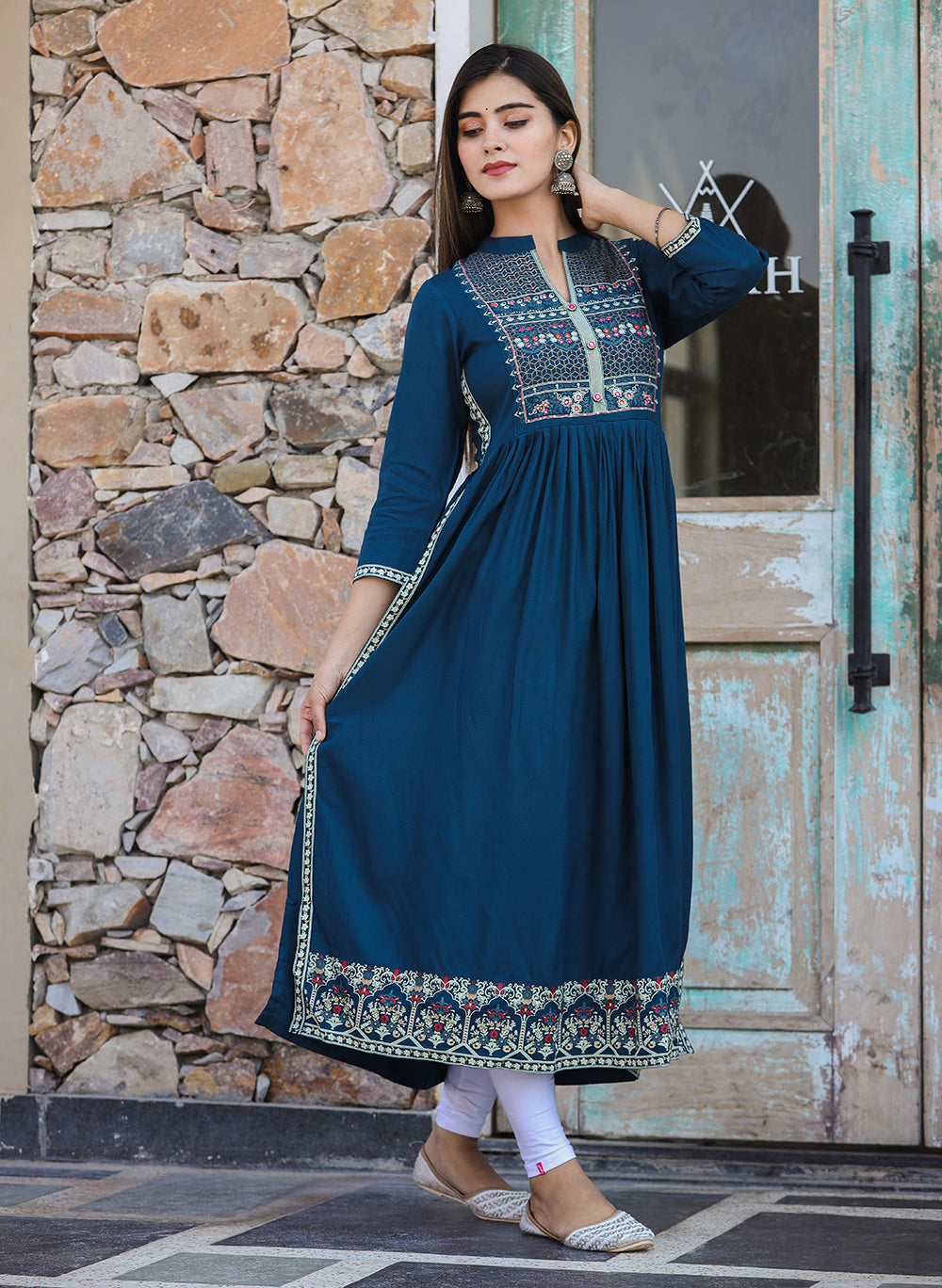 Kaajh Women's Rayon Printed Teal Side Slit Long Ethnic Dress | Grocsy