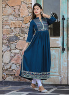 Kaajh Women's Rayon Printed Teal Side Slit Long Ethnic Dress | Grocsy