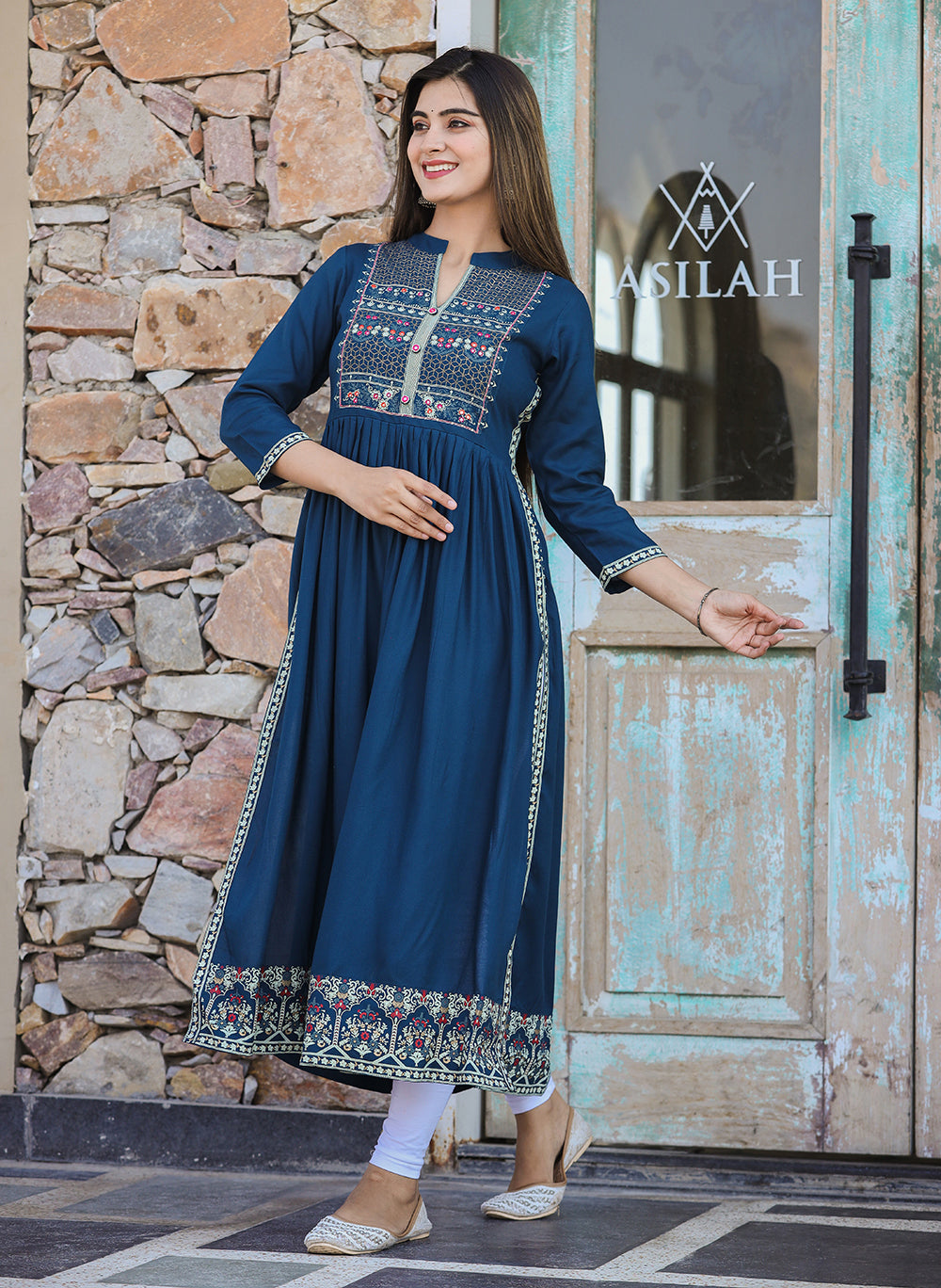 Kaajh Women's Rayon Printed Teal Side Slit Long Ethnic Dress | Grocsy