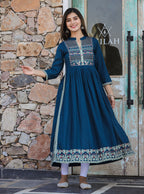 Kaajh Women's Rayon Printed Teal Side Slit Long Ethnic Dress | Grocsy
