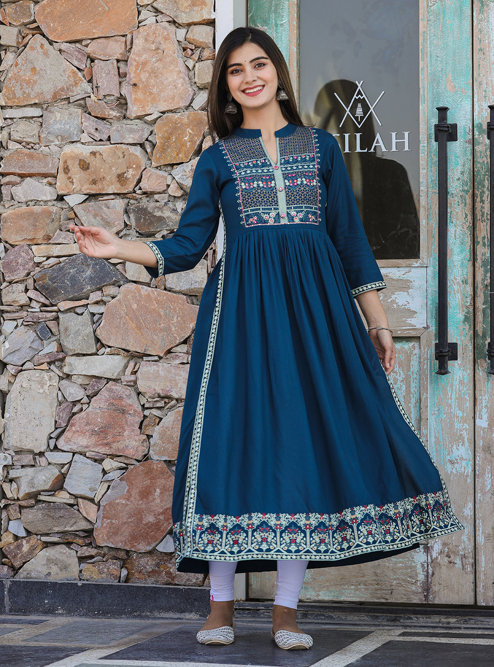 Kaajh Women's Rayon Printed Teal Side Slit Long Ethnic Dress | Grocsy