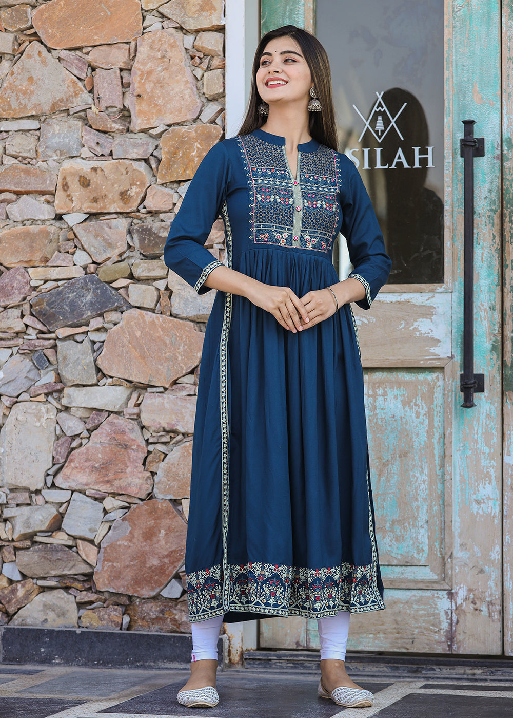 Kaajh Women's Rayon Printed Teal Side Slit Long Ethnic Dress | Grocsy