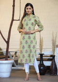 Kaajh Woman's Green Floral Print Cotton Casual Kurta | Grocsy