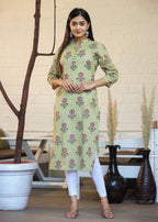 Kaajh Woman's Green Floral Print Cotton Casual Kurta | Grocsy
