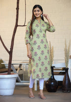 Kaajh Woman's Green Floral Print Cotton Casual Kurta | Grocsy