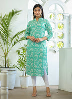 Kaajh Woman's Pastel Green Floral Print Cotton Casual Kurta | Grocsy