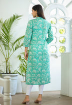 Kaajh Woman's Pastel Green Floral Print Cotton Casual Kurta | Grocsy