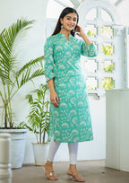 Kaajh Woman's Pastel Green Floral Print Cotton Casual Kurta | Grocsy