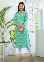 Kaajh Woman's Pastel Green Floral Print Cotton Casual Kurta | Grocsy