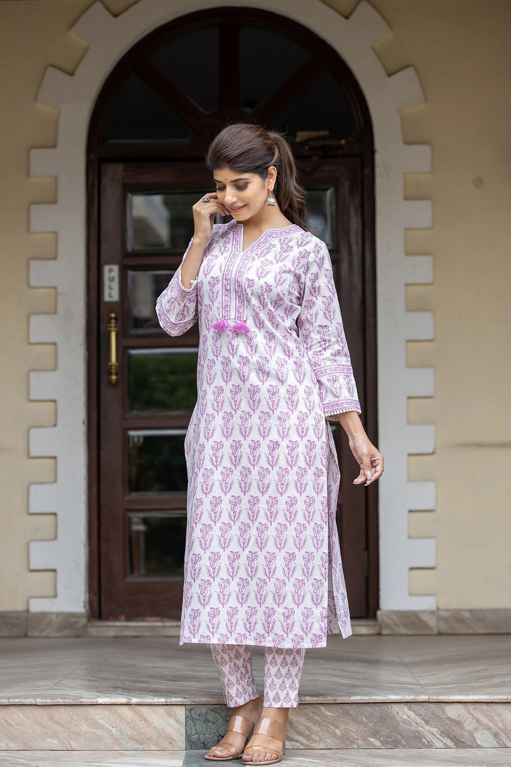 Kaajh Women's White Purple Ethnic Printed Cotton Kurta Pant Set | Grocsy
