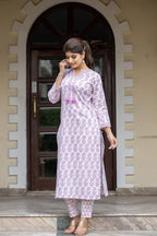 Kaajh Women's White Purple Ethnic Printed Cotton Kurta Pant Set | Grocsy