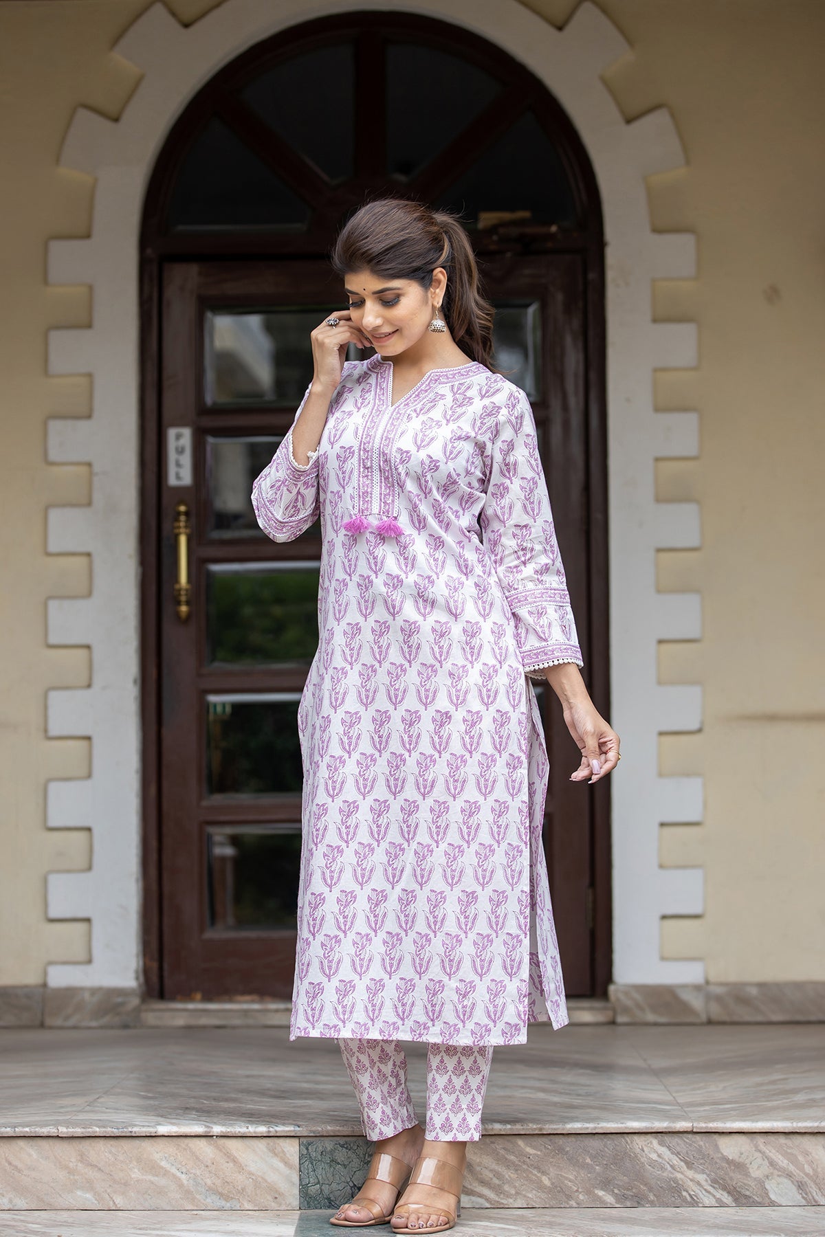 Kaajh Women's White Purple Ethnic Printed Cotton Kurta Pant Set | Grocsy