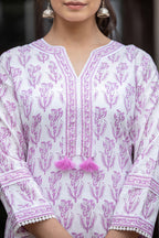 Kaajh Women's White Purple Ethnic Printed Cotton Kurta Pant Set | Grocsy