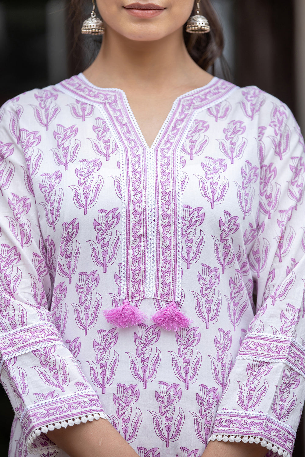 Kaajh Women's White Purple Ethnic Printed Cotton Kurta Pant Set | Grocsy