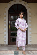 Kaajh Women's White Purple Ethnic Printed Cotton Kurta Pant Set | Grocsy