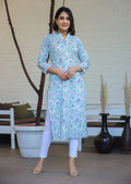 Kaajh Woman's Sky Blue Floral Print Cotton Casual Kurta | Grocsy