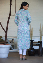 Kaajh Woman's Sky Blue Floral Print Cotton Casual Kurta | Grocsy